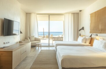 Modern hotel room showcases a view of the beautiful ocean scenery