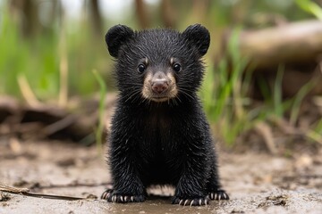 Adorable Baby Black Bear Cub In Forest Setting