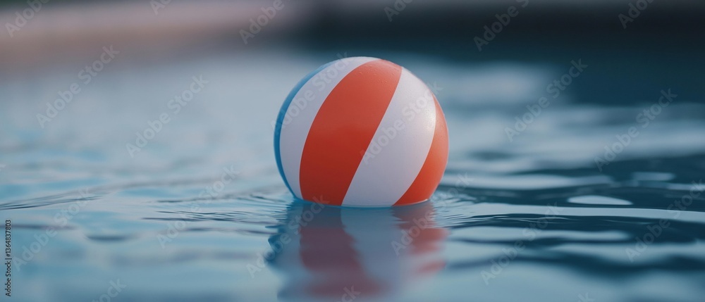 Poster red and white striped beach ball floating on the surface of a swimming pool. the ball is in the cent