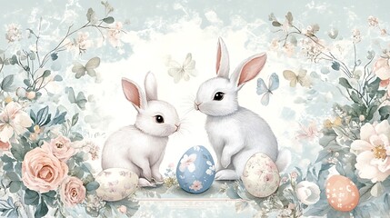 Fototapeta premium Easter bunnies with floral frame. (4)