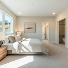 A clean and modern bedroom interior with ample natural light