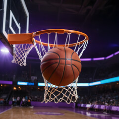 Basketball Swishing Through Net in a Professional Stadium Exciting Game Action Shot