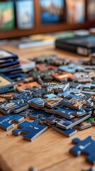 Naklejka premium Colorful Puzzle Pieces Spread Out on a Wooden Table Surface