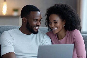 Happy Black couple using laptop together at home. Digital lifestyle and online browsing