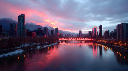 Fototapeta premium Pink and Red City Skyline at Sunset Over a River with Snowy Mountains