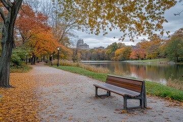 Obraz premium Autumnal park scene with pathway, bench, and lake. Fall foliage, colorful leaves, tranquil ambiance