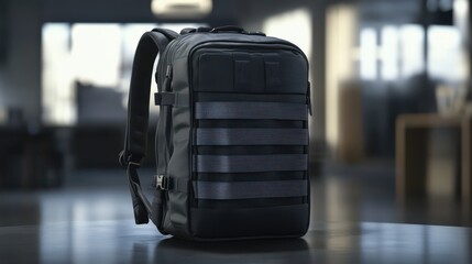 A black tactical backpack featuring multiple straps and compartments rests on a table in a well-lit indoor space. The sleek design highlights optimal functionality and style