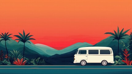 Retro van parked amidst palm trees and mountains under a vibrant sunset.