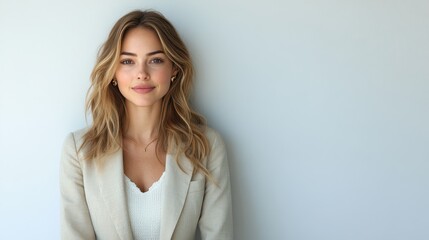 Obraz premium A young woman with soft, wavy hair styled casually sits against a plain wall. She wears a light blazer over a simple top, looking directly at the camera with a gentle smile