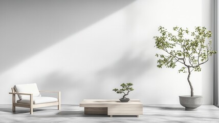 Minimalist living room with wooden furniture, potted plants, sunlight streaming through window, serene atmosphere.