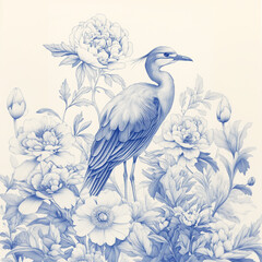 Floral wreath with bird. Flower arrangement with willow warbler. Blue.