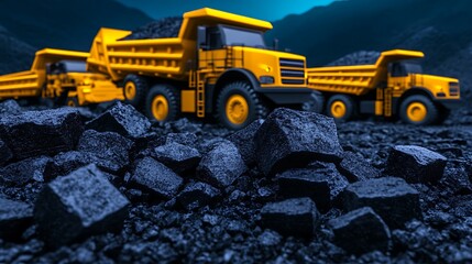 Yellow Dump Trucks Loaded With Coal In A Rocky Landscape