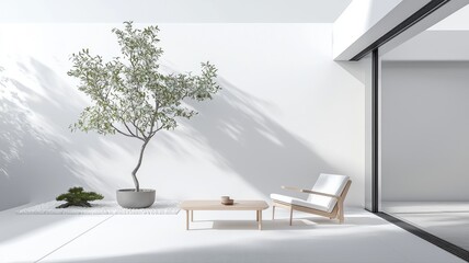 Minimalist patio with elegant furniture, potted tree, and serene atmosphere under natural light.