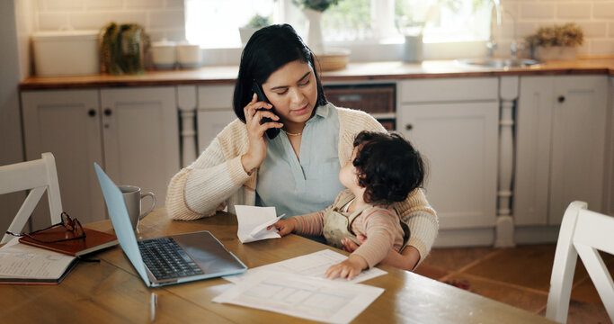 Phone call, child and mom with laptop, remote work and bookkeeper with paperwork for project and talking. Multitasking, woman and communication with contact in kitchen, distraction and baby in house