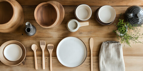 Thoughtfully arranged sustainable kitchenware on rustic wooden table