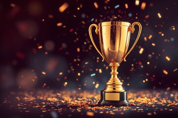 Golden trophy on a festive background with confetti, representing achievement and celebration