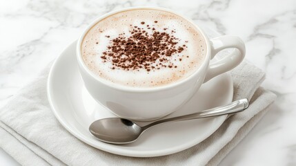 A warm cappuccino featuring creamy foam and cocoa sprinkles is elegantly presented in a white cup on a marble table. A spoon rests beside the cup, inviting relaxation and enjoyment