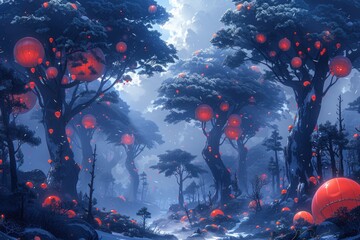 A fantastical forest scene featuring glowing red orbs and trees