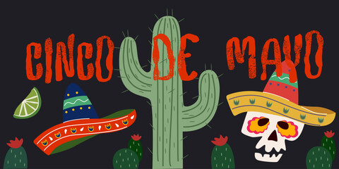 Cinco de Mayo cartoon vector banner design with cacti, chili peppers, lime and traditional sombrero. Mexican fiesta concept. Flyer with national mexican symbols