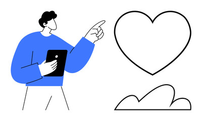 Man holding a tablet and pointing to a heart, symbolizing care or passion. Ideal for topics thumbs up love, creativity, healthcare, technology, self-expression, motivation, flat simple metaphor