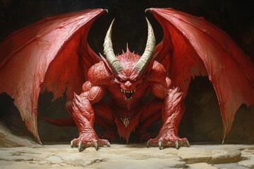 A fearsome red winged beast with large horns and claws