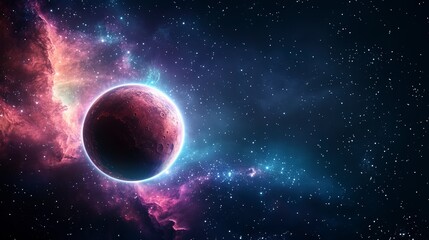 Obraz premium Dark Red Planet In Vibrant Nebula Cosmic Scene