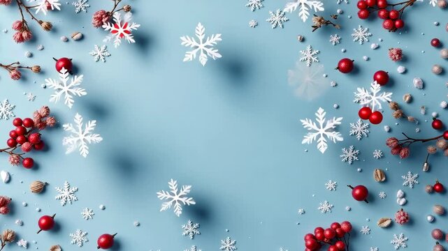 Elegant Winter Flat Lay Design With Red Berries And White Snowflakes