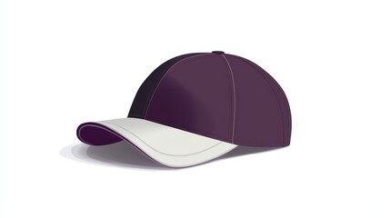 Fototapeta premium A fashionable purple baseball cap rests flat against a minimal background, highlighting its sleek design and contrasting white brim suitable for various casual outfits