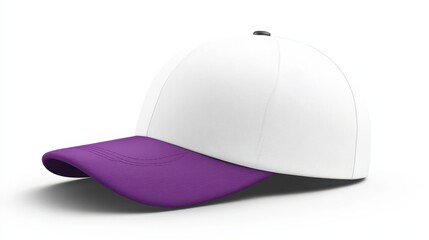 Fototapeta premium A stylish baseball cap featuring a white crown and a vibrant purple brim, perfect for outdoor activities, sports events, or casual wear. Ideal for sun protection and fashion