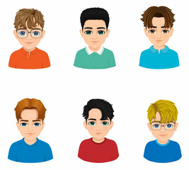 set of six different style teenage boy portraits