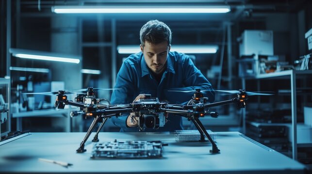 A robotics engineer designing autonomous drones for precision delivery, futuristic tech lab with high-tech drone prototypes and testing stations, Scientific style