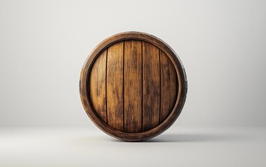 Fototapeta premium Captivating wooden barrel stands on a neutral background showcasing craftsmanship and attention to detail