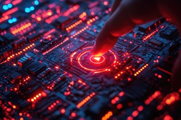 A finger pushing on a glowing red play button device