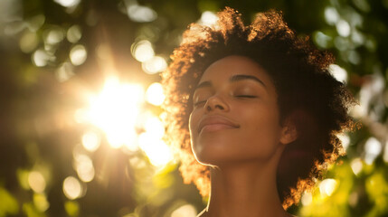 Fototapeta premium Warm natural sunlight bathes the client during a soothing reiki session, enhancing relaxation and promoting healing in a serene outdoor setting filled with vibrant foliage.