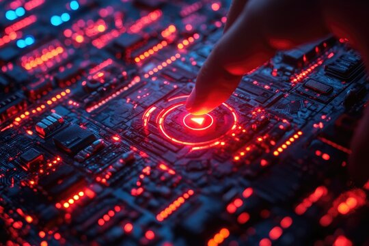 A finger pushing on a glowing red play button device