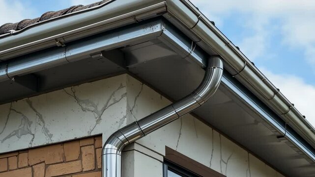 Exterior View of a House Corner with Metallic Rain Gutter System Against Cloudy Sky