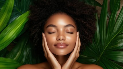 Naklejka premium Relaxed woman lying on green leaves with glowing skin. eco beauty care