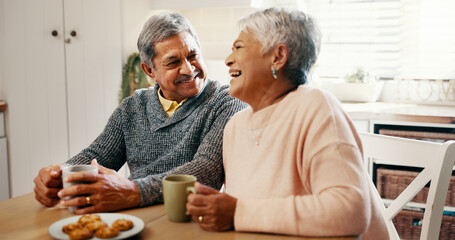 Kitchen, old couple and breakfast with coffee for laughing, bonding and biscuits with talking in retirement. Senior people, woman and man with smile for love, funny joke and cookies with tea at home