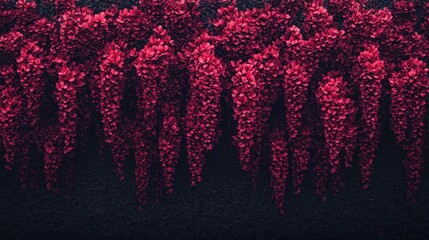 Hanging red flowers on dark wall, decorative display
