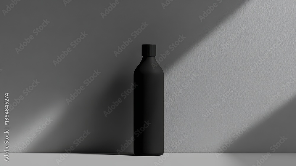 Poster a black bottle sits upright on a light surface, illuminated by natural light creating soft shadows o