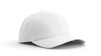 A white baseball cap lies on a plain surface, showcasing its smooth fabric and relaxed shape. The minimalist design highlights its versatility for casual or sporty wear