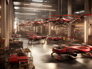 Obraz premium Red drones filling a warehouse getting ready for delivery