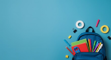 Stationery and Backpack on Blue Surface