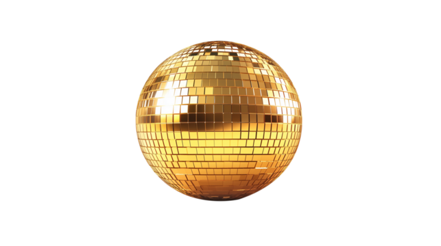 A gold disco ball isolated on transparent background for dance club and retro party theme