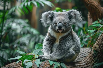 Fototapeta premium A fluffy koala sitting on a tree branch surrounded by greenery