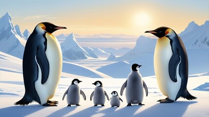 Fototapeta premium showcasing a pair of Emperor penguins standing protectively beside a single egg on a snowy expanse