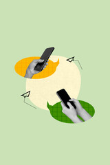Image poster collage of two different people using gadget chatting on green color background