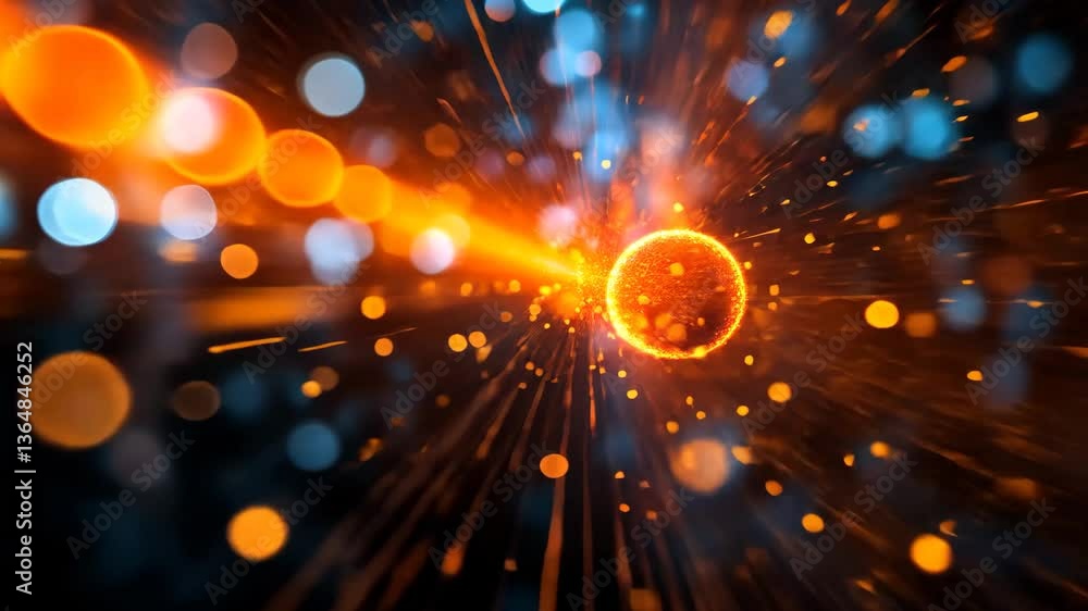 Poster glowing orange sphere emanating light rays on abstract blurred background with blue and orange bokeh