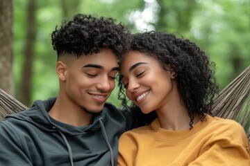 Fototapeta premium Young couple relaxing in hammock together in forest. romantic getaway