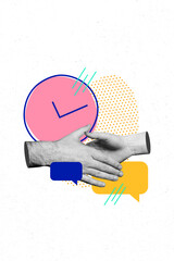 Vertical art banner collage of business people handshake gesture success deal confirmation clock...